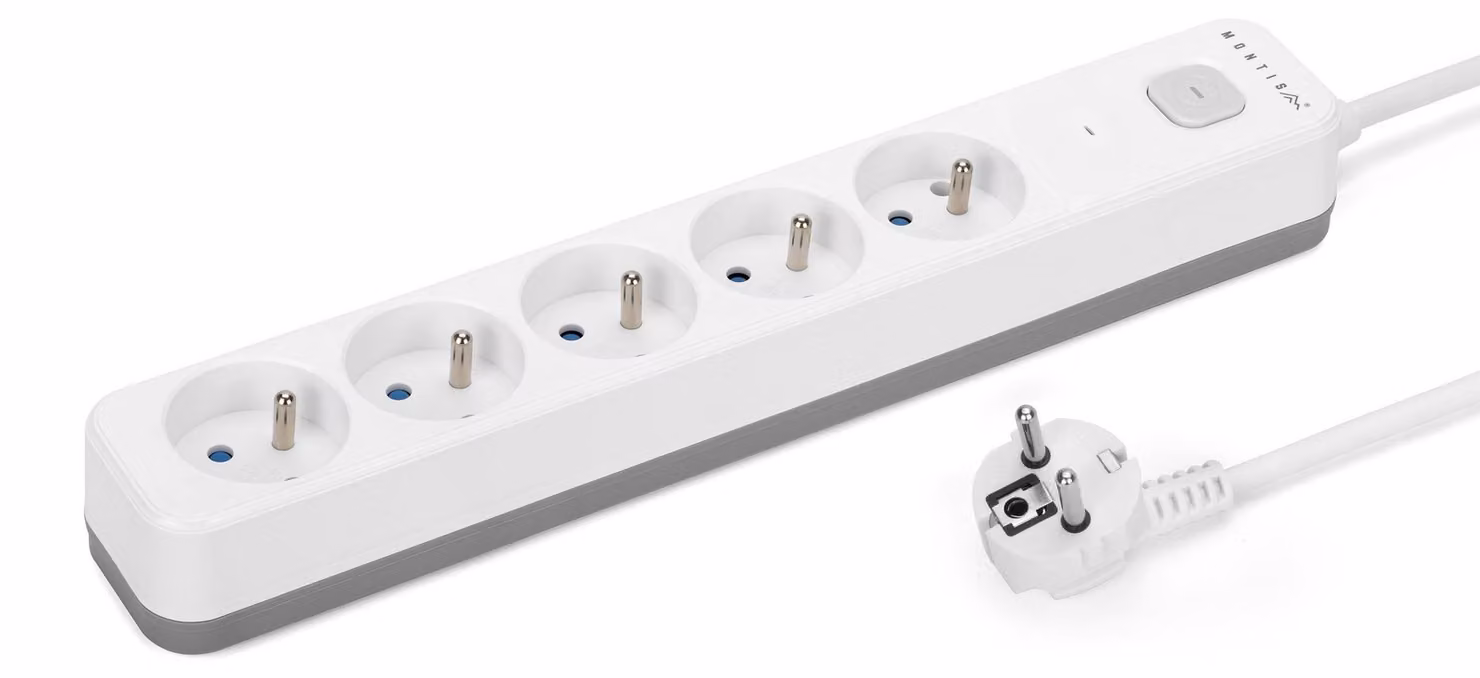 Ciabatta multipresa Montis Mt187-Wg-5 con protezione da sovratensione, 5 prese, colore grigio e bianco