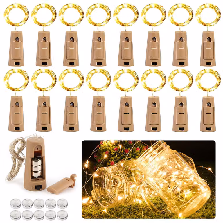 Catena luminosa a forma di bottiglia, confezione da 16 pezzi, lunghezza 2 metri, 20 LED, luce bianco caldo, con tappi