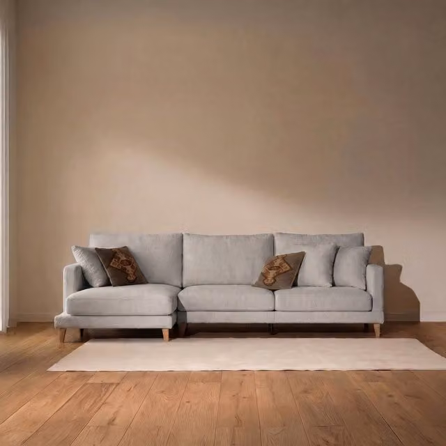 Divano con chaise longue sinistra Banak Dafne a 3 posti in tessuto perla con cuscini coordinati e coperture rimovibili