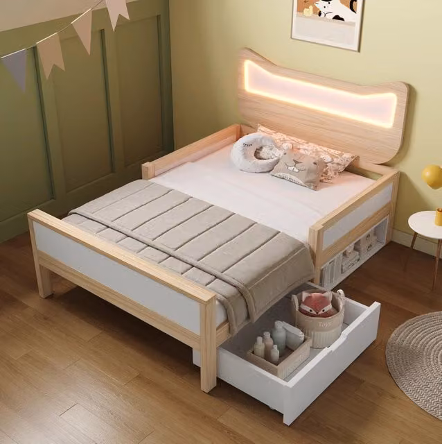 Letto per bambini 90x200 cm con testiera a gatto; LED RGB; cassetto e vano contenitore; bianco e rovere