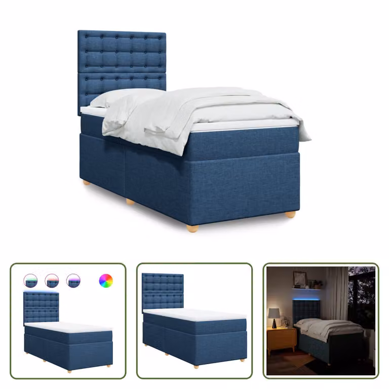 The Living Store Letto a molle con materasso blu 100x200 cm in tessuto