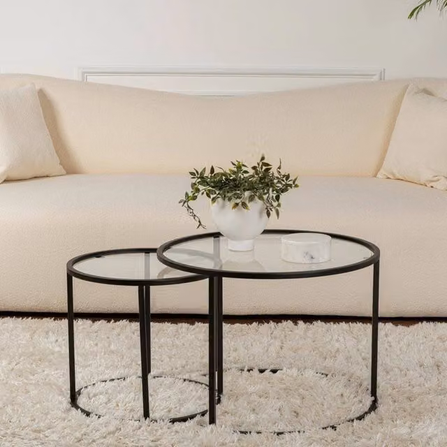 Set di 2 Tavolini da Salotto Xaden DMORA, Design Moderno con Piano in Vetro Trasparente e Struttura Nera, L/P/H: 60 x 60 x 43 cm – 1