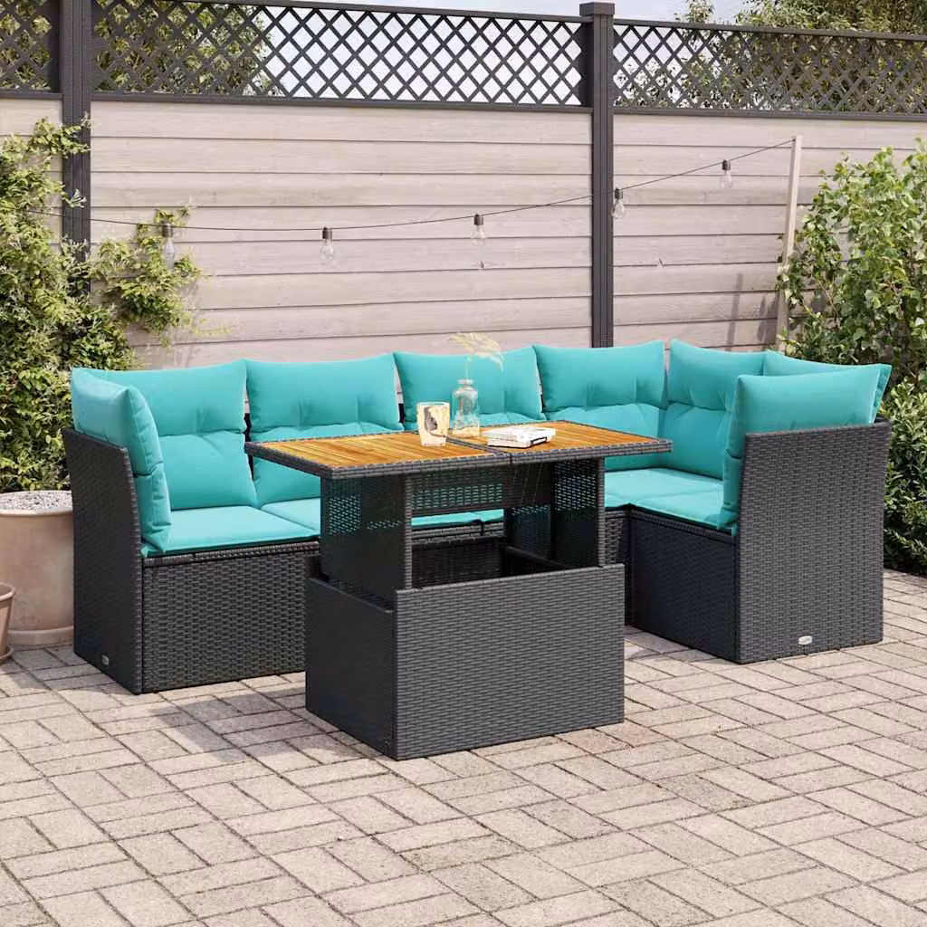 Set Divano da Giardino vidaXL 6 pz a Forma a L con Cuscini e Tavolino, Polyrattan e Acciaio, Colore Nero e Blu