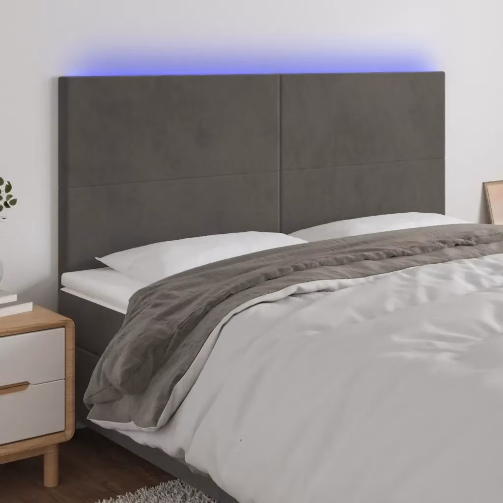 Testiera con illuminazione LED e porta di ricarica USB in velluto grigio scuro L: 200 cm, P: 5 cm, H: 118/128 cm – 2