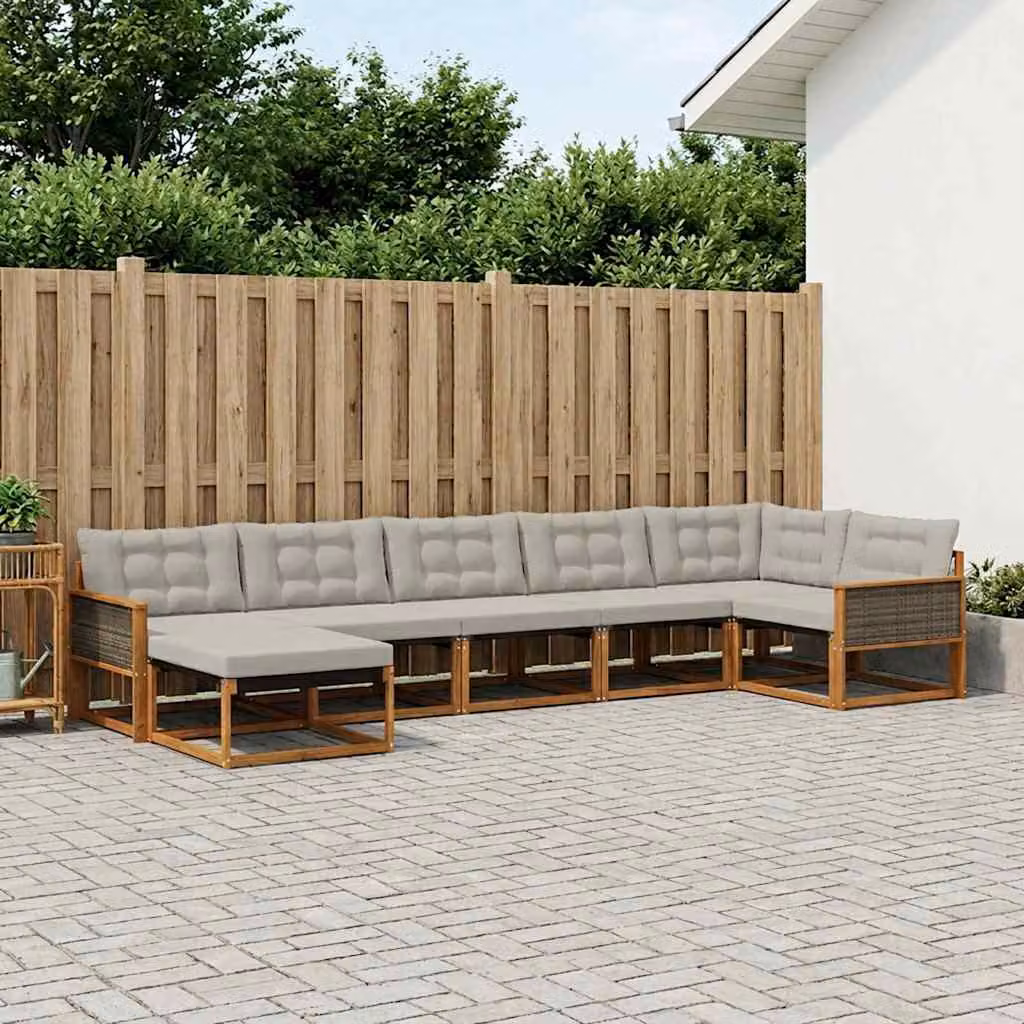 Set di divani da esterno a L vidaXL in legno di acacia con 7 pezzi, colore beige e grigio con cuscini inclusi e pouf coordinato