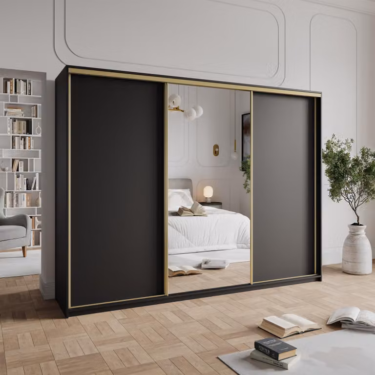 Armadio scorrevole Masseno TAVI 250/205/60 cm Armadio con 4 cassetti Armadio per camera da letto a 3 ante con specchio Nero