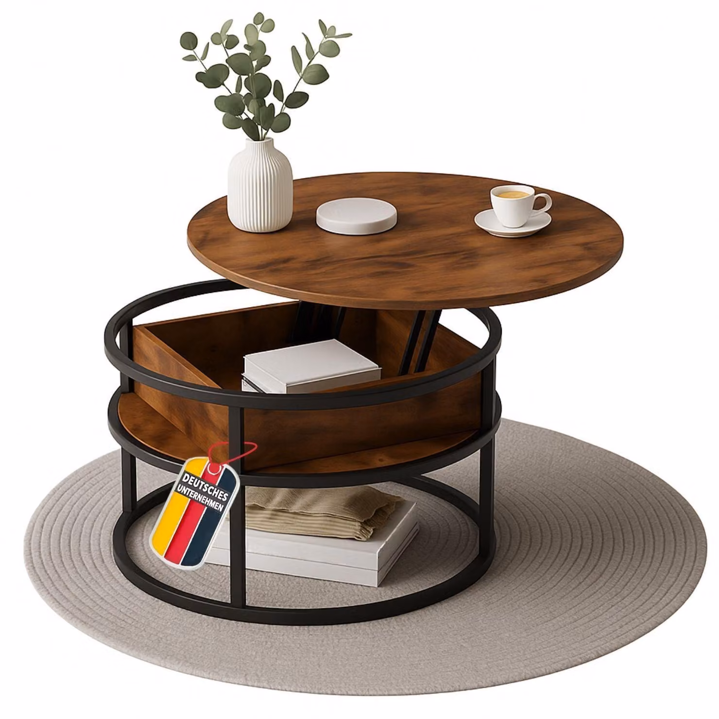 Tavolino SWING marrone con piano regolabile e vano portaoggetti nascosto, metallo e legno, tavolino da salotto, tavolino rotondo con vano portaoggetti, tavolino moderno in metallo, tavolino da divano