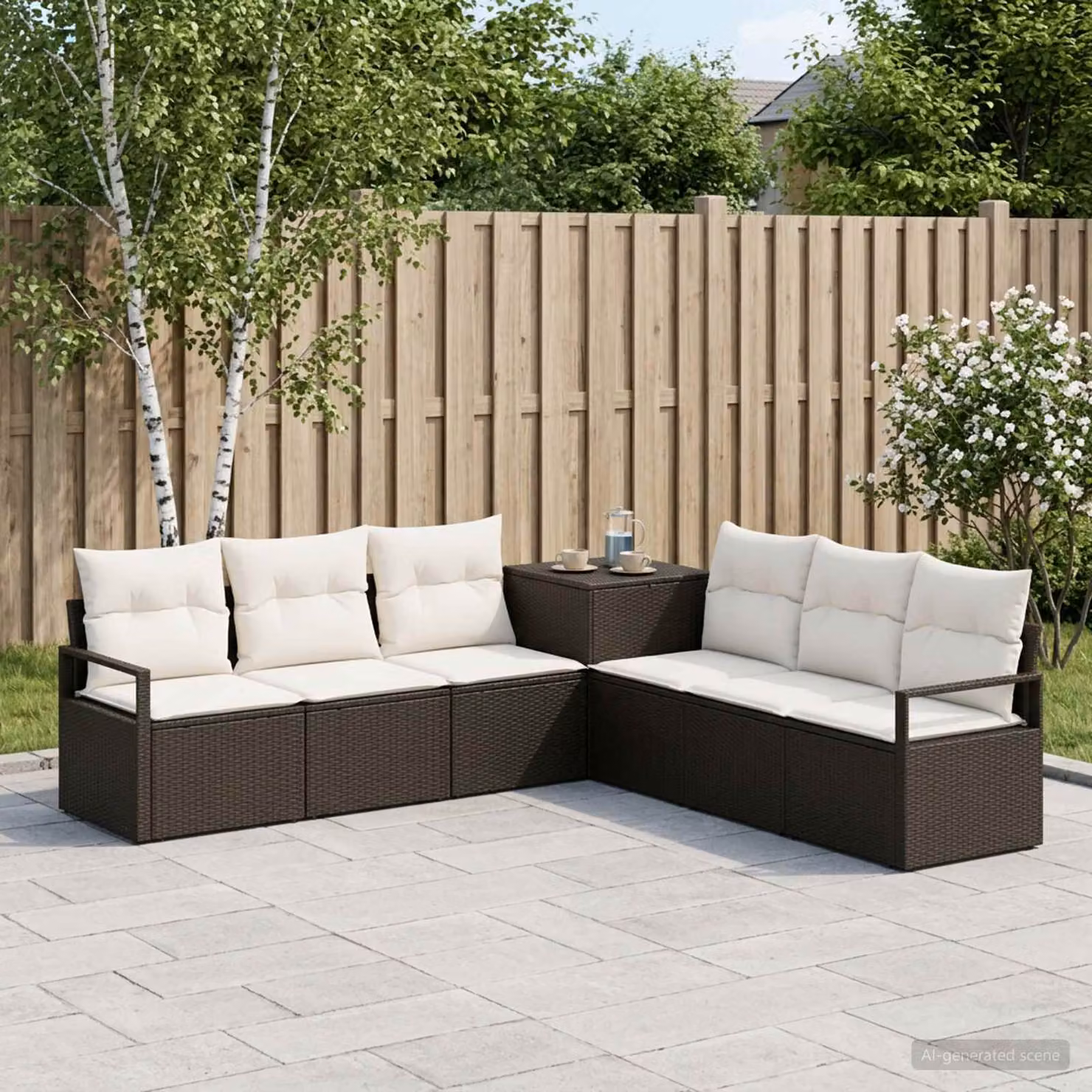Set di divani da giardino vidaXL a forma di L composto da 7 pezzi, colore nero e bianco crema, con struttura in metallo e cuscini inclusi