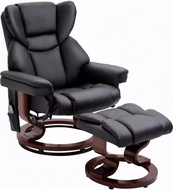 Poltrona Relax con Pouf Poggiapiedi e Funzione Massaggio Reclinabile 145° Girevole a 360° in Finta Pelle per Salotto Nero