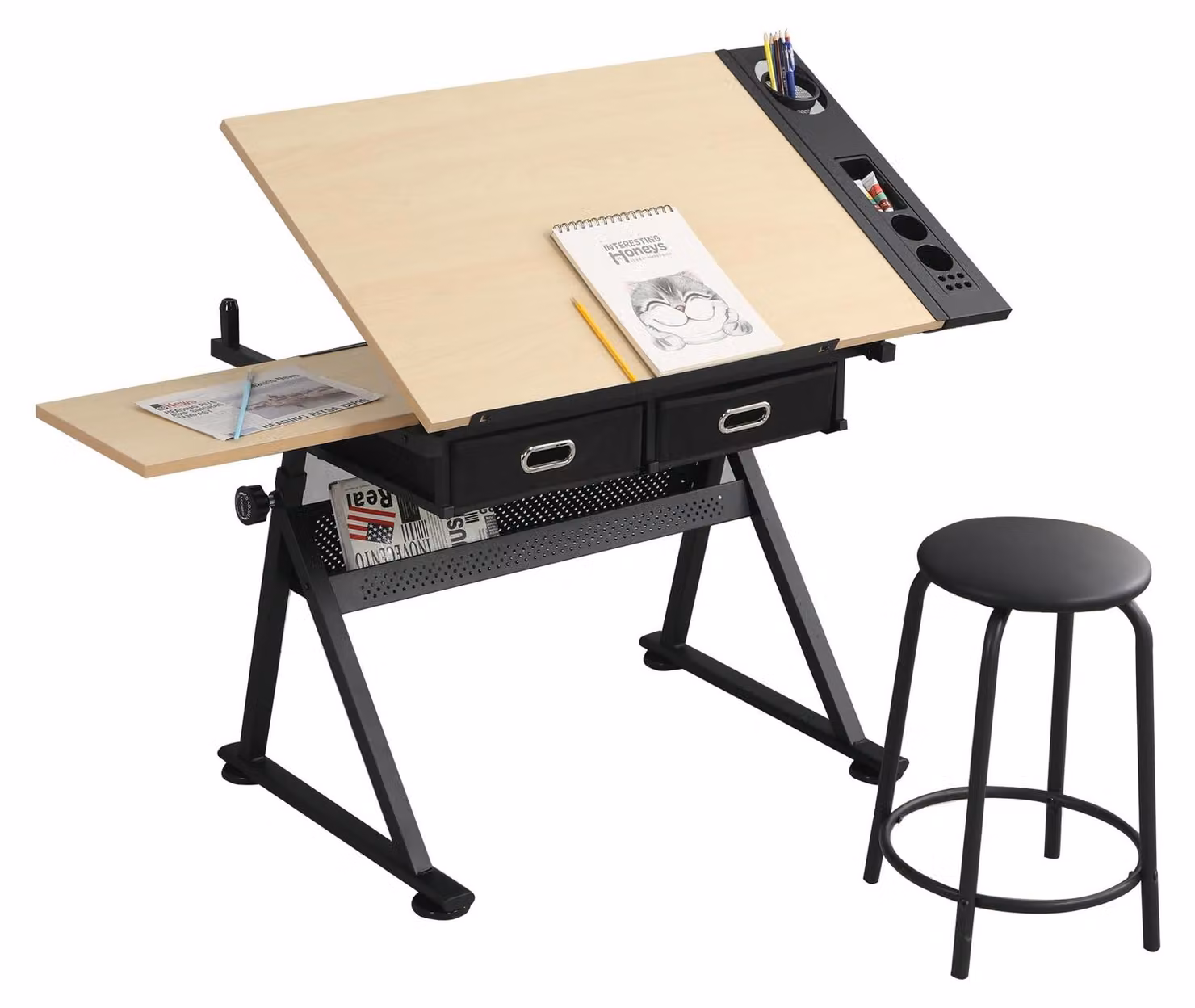 Tavolo da disegno regolabile con sgabello e 2 cassetti