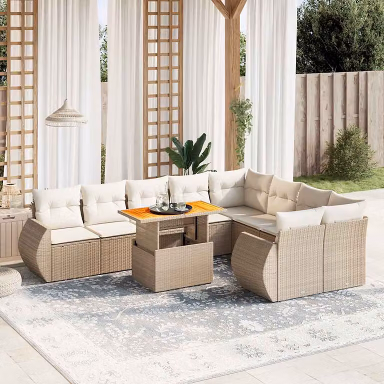 vidaXL Set Divano da Giardino a L 10 pz con Cuscini Beige e Tavolino in Polyrattan e Legno di Acacia