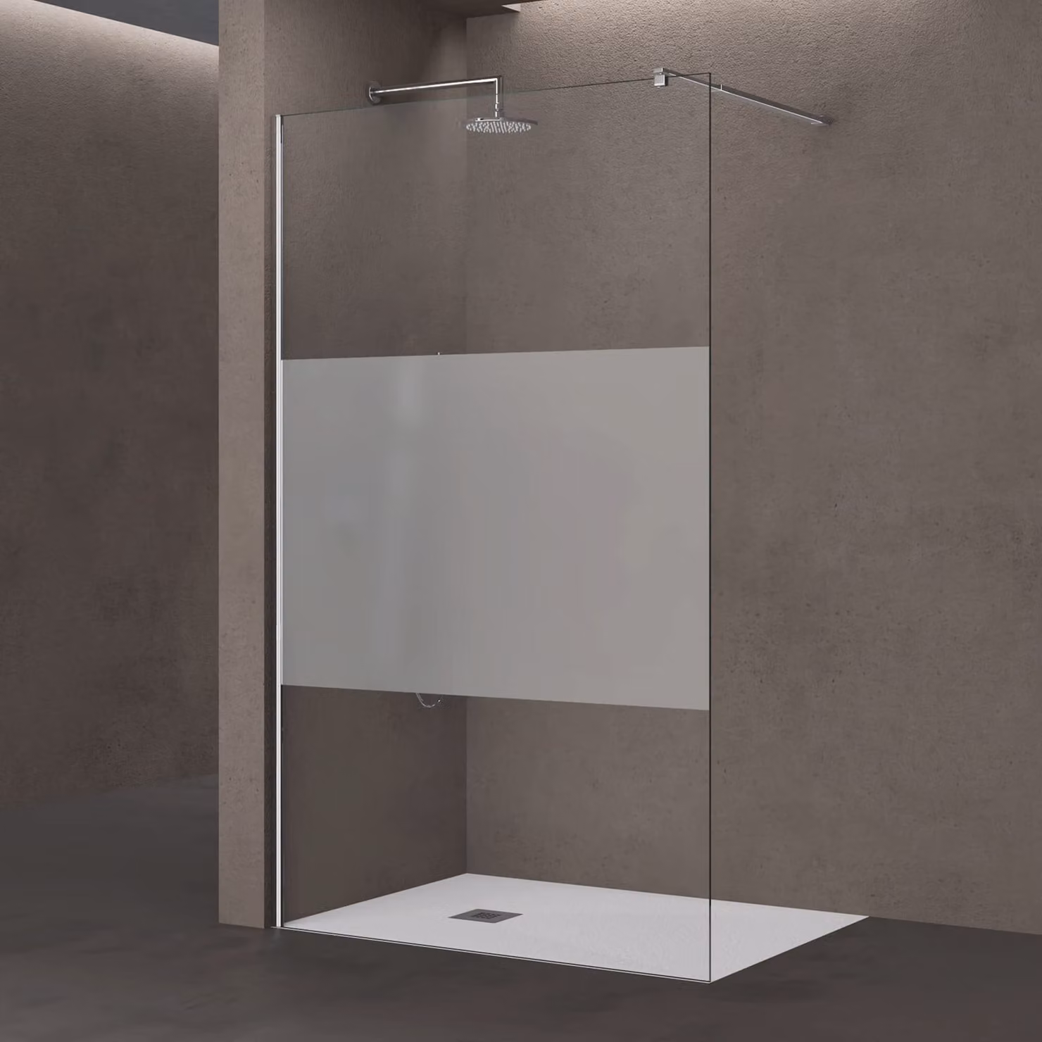 doporro Walk In Parete Doccia 90x200 cm Vetro 10mm Temperato Anticalcare Striscia Satinata Opaca con Barra Stabilizzatrice regolabile da 70-120cm Profilo Cromato Bremen02MS