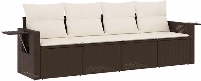 Set Salotto da Giardino 4 Pezzi Design In in Polyrattan Marrone con Cuscini Bianchi e Tavolino – 1