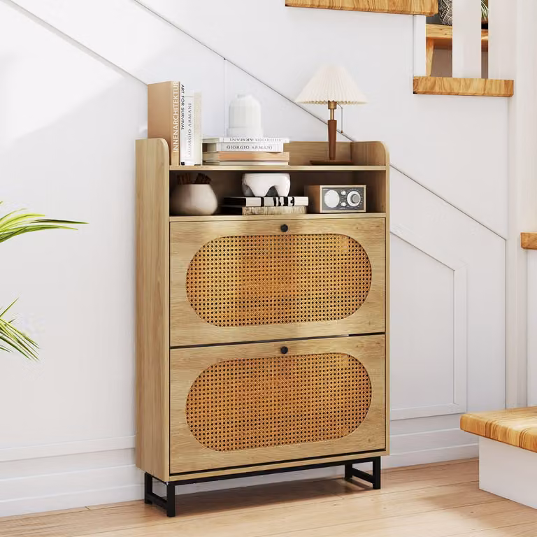 Scarpiera Costway in stile scandinavo con ante in rattan e gambe in metallo, organizer autoportante con 2 cassetti a ribalta, colore naturale beige e marrone