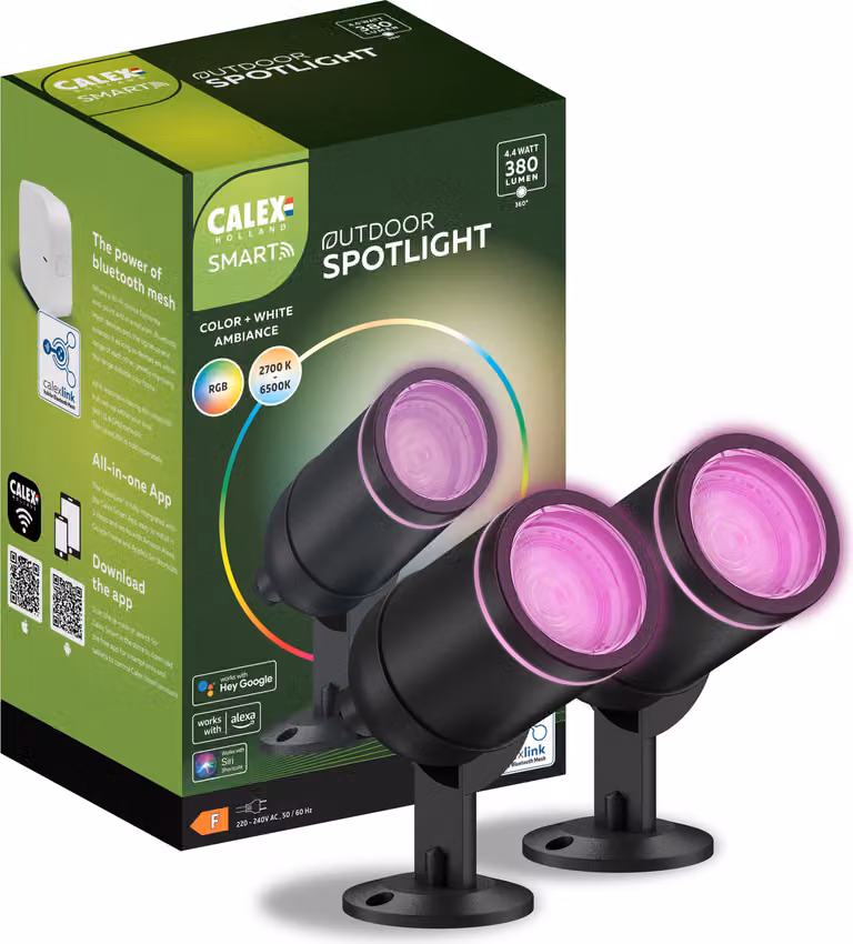Faretto da pavimento Calex Smart Outdoor LED, 4W, colori RGB e luce bianca fredda o calda, dimmerabile, impermeabile, app WLAN + Bluetooth gateway e controllo vocale, confezione da 2 pezzi