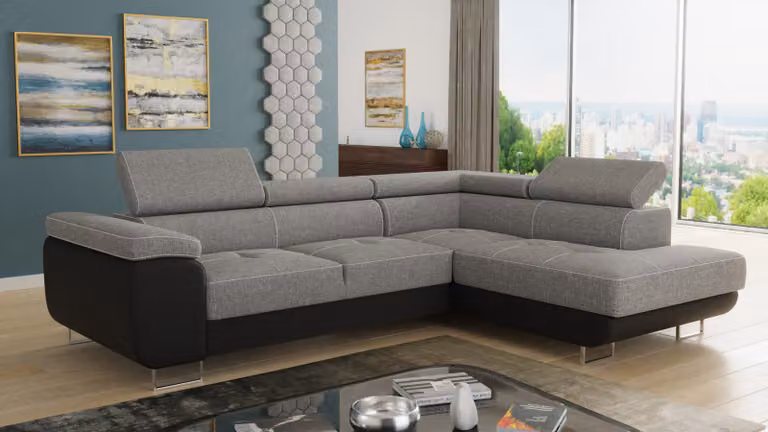 Divano angolare Caris con funzione letto e poggiatesta regolabili, salotto componibile, divano letto, contenitore, divano, divano (nero + grigio (Soft 011 + Sawana 21), divano angolare destro)