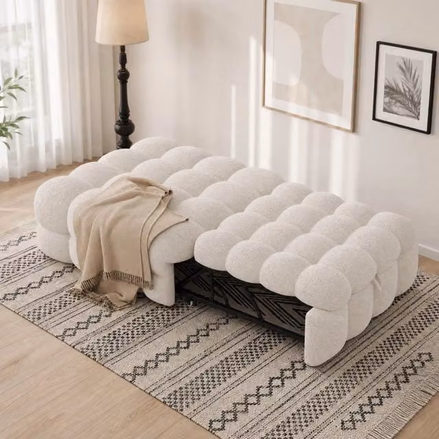 Divano letto 2 in 1 Mivray trasformabile da pouf a letto in tessuto beige con struttura in metallo e MDF
