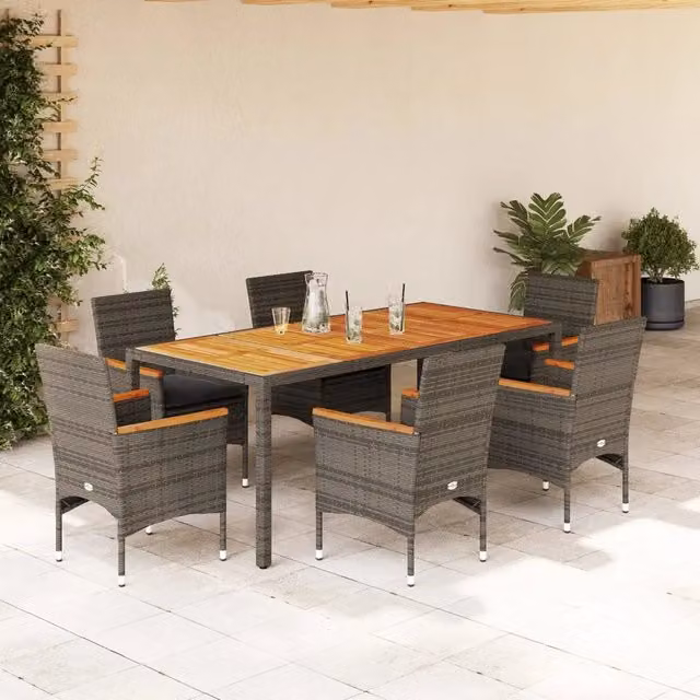 Set Pranzo da Giardino 7pz con Cuscini Polyrattan Acacia Grigio 3278637