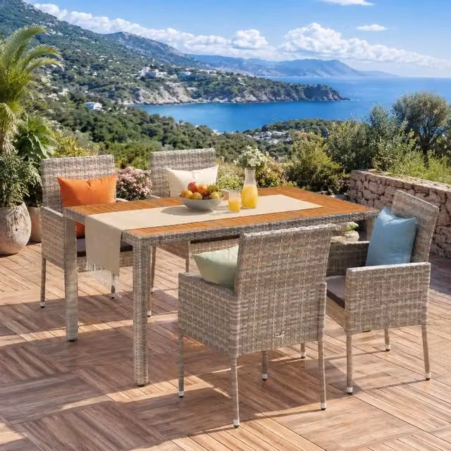 Garden Table With Wooden Top, Grey, 150x90x75 Cm, Poly Rattan
