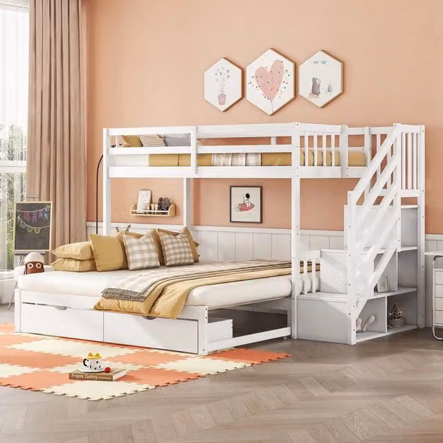 Letto a castello con rete a doghe e cassetti ¨C Minimal ¨C Bianco 90x200cm legno di pino massello