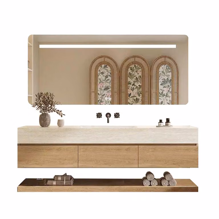 Set lavabo sospeso - Pietra sinterizzata - Effetto travertino, con specchio, mobile sottolavabo, ripiano e scarico, senza foro per rubinetteria 120×55 cm【YT9865-120 BKK】