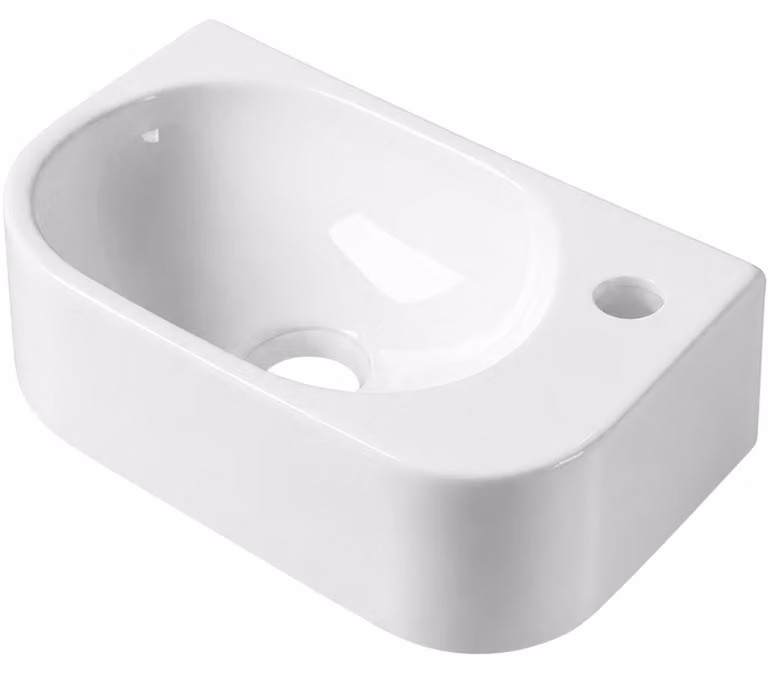 Lavabo in Vetroceramica Nela, modello sospeso, lato destro, bianco lucido, dimensioni 42x21,5 cm