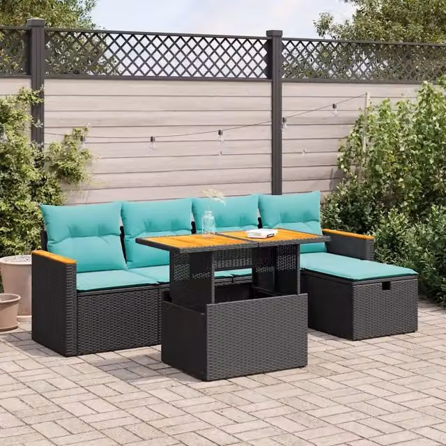 Set Divano da Giardino 6 pz con Cuscini Nero Polyrattan Acacia 3328107
