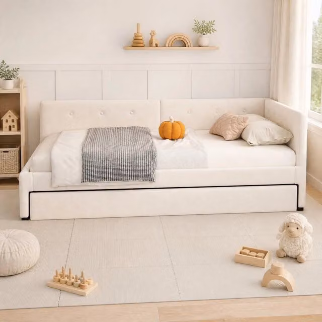 Letto Mivray con letto estraibile e cassetti, testiera in velluto beige e struttura in MDF, L/P/H: 90 x 200 x 150 cm