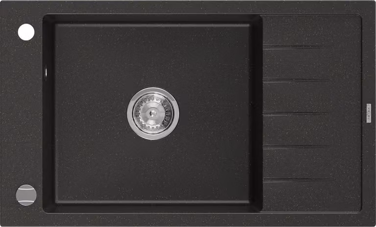 Mexen Elias lavello in granito a 1 vasca con sgocciolatoio 795 x 480 mm, nero/oro metallizzato, sifone cromato - 6511791005-75