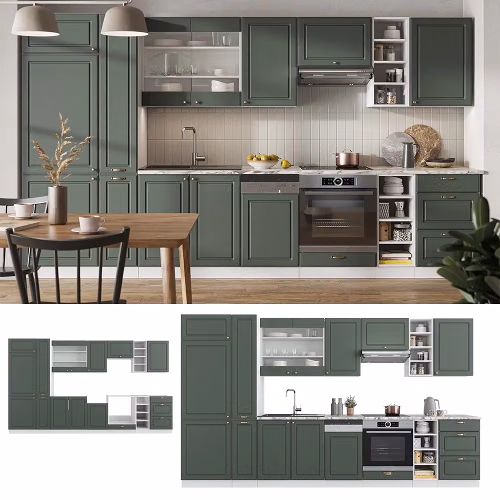 Cucina componibile Fame-Line Vicco in stile country house, colore verde e bianco con piano in marmo, L: 355 cm – 2