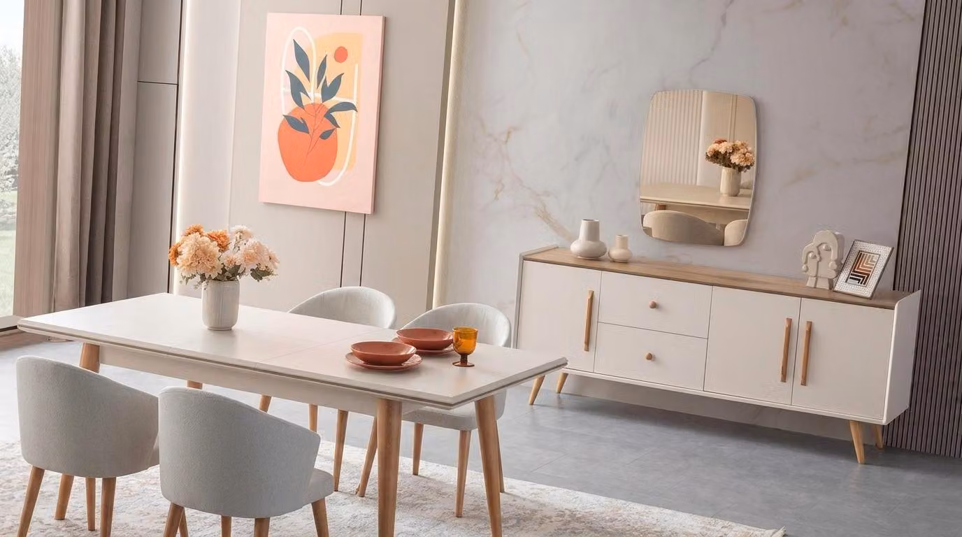 Set per sala da pranzo: tavolo, 4 sedie, credenza, specchio. Stile moderno, colore beige chiaro
