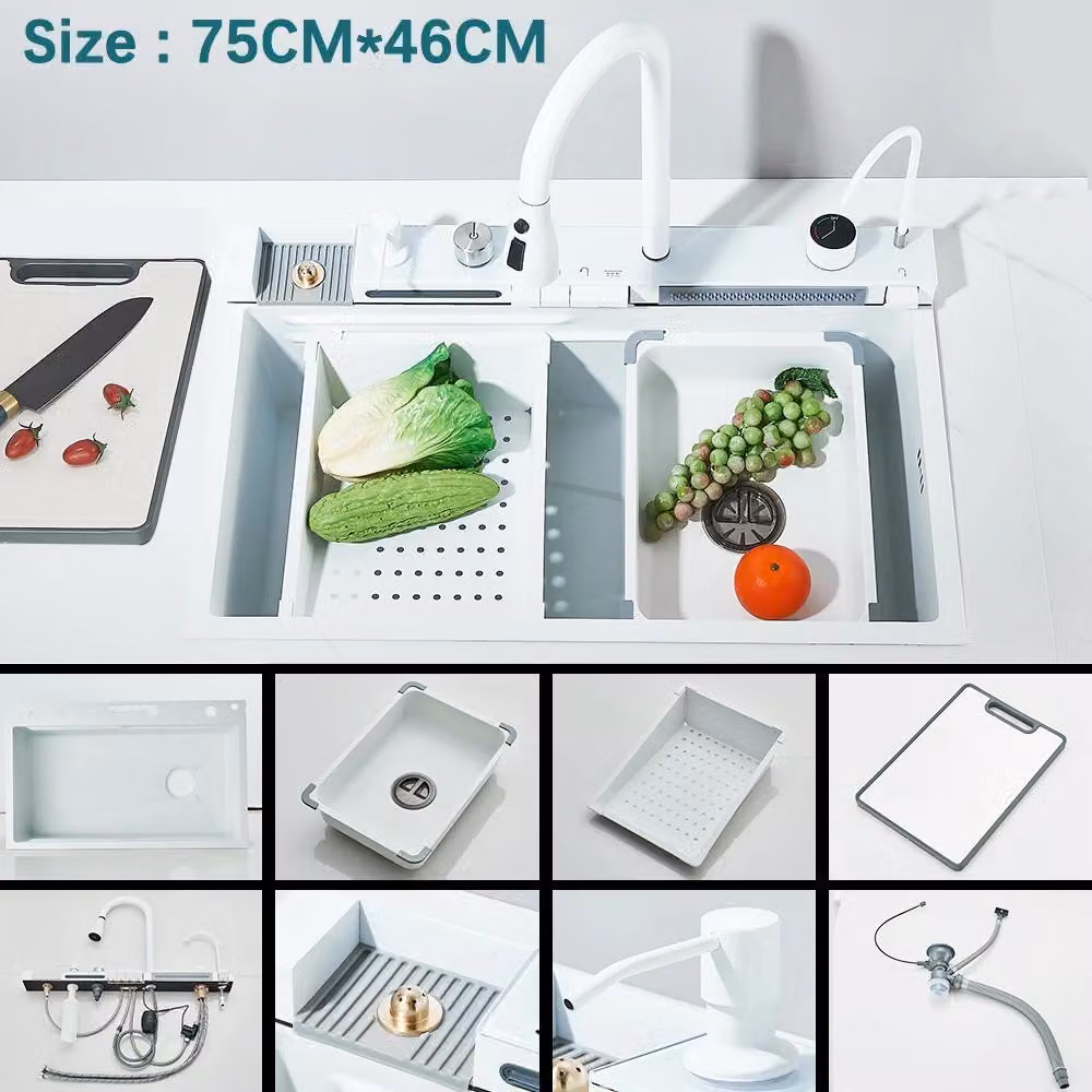 Lavello da cucina in acciaio inossidabile - Lavello a cascata con display digitale - Vasca singola - Da incasso - Con miscelatore - 4 fori - Rettangolare - Bianco 201