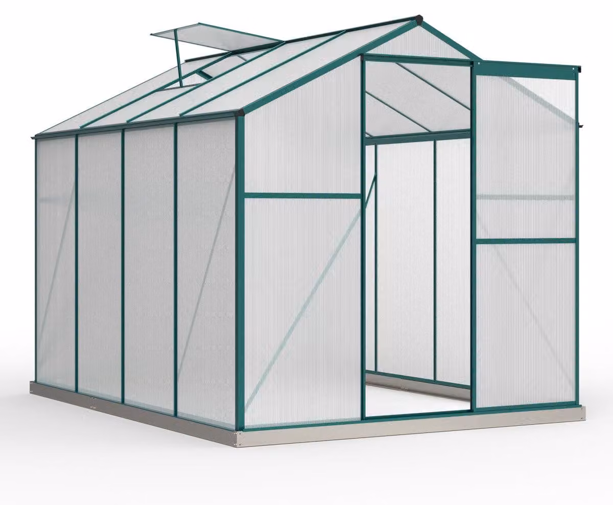 Serra in alluminio 190x253 cm con base, lucernario e porta scorrevole, ideale per piante
