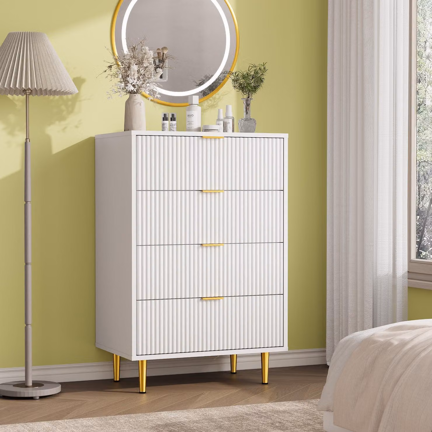 Comodino con frontale scanalato, 4 cassetti, ideale per la camera da letto o il soggiorno, colore bianco caldo