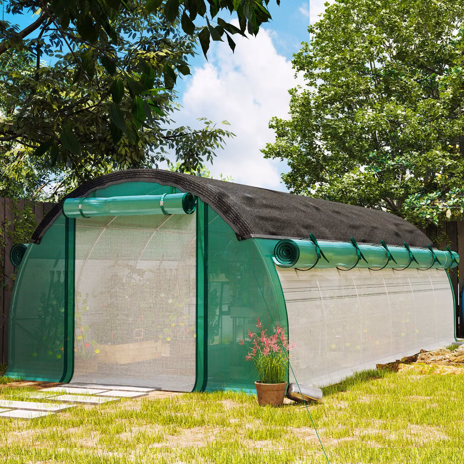 Outsunny Serra a Tunnel Verde con Rete Parasole, Pareti a Rullo e Telaio in Acciaio, L: 6 m, P: 3 m, H: 2 m – 2