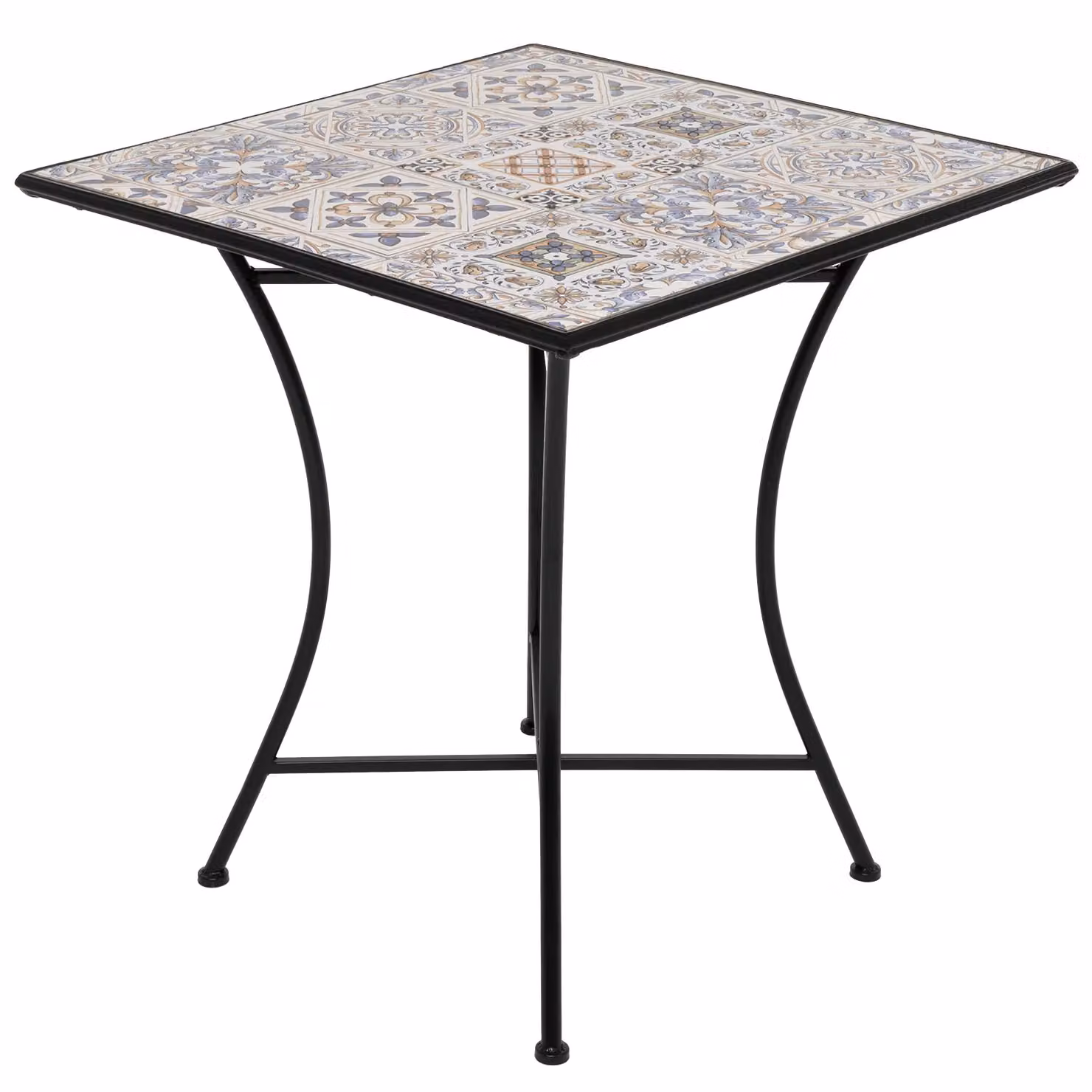 Vestiamo Casa - Tavolo quadrato in metallo nero con top in ceramica a maioliche blu, H 75 x L 70 x P 70 cm