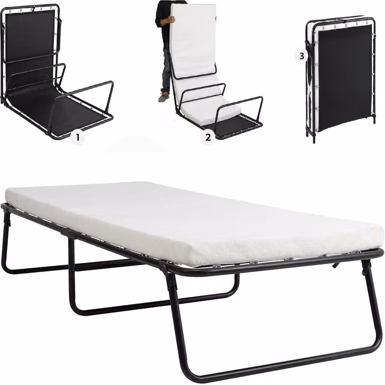 Letto pieghevole con materasso - Letto per ospiti 190 x 80 cm - Materasso in memory foam da 7 cm - Portatile - Struttura in metallo - Spazio contenitivo - Struttura nera