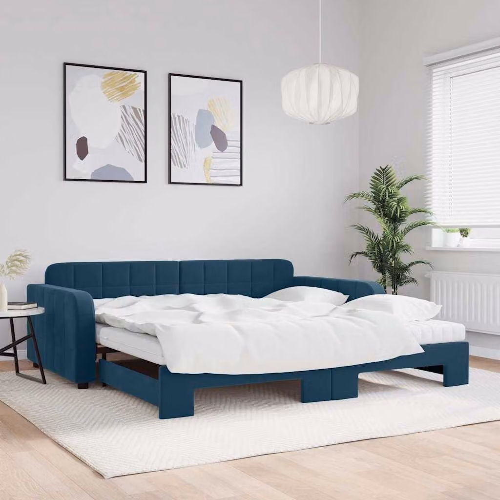 vidaXL Divano Letto Estraibile in Velluto Blu con Materasso in Schiuma L/P/H: 223 x 110 x 71 cm