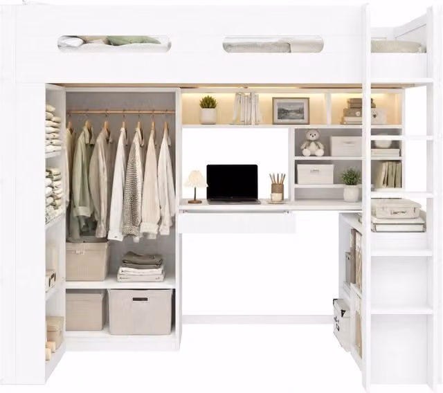 Letto a soppalco singolo moderno bianco con scrivania, illuminazione LED, porta USB, cassetto, mensole e armadio, L/P: 90 x 200 cm