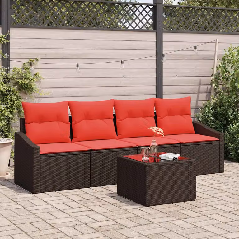 Set di divani da giardino vidaXL in polyrattan con struttura in metallo, 5 pezzi, Marrone e Rosso