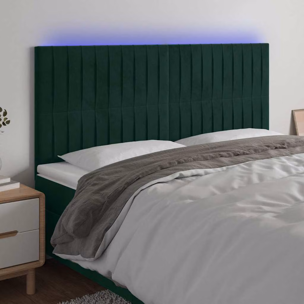 Testiera per letto vidaXL in velluto verde scuro con illuminazione LED integrata e porta di ricarica USB, L: 200 cm, P: 5 cm, H: 128 cm