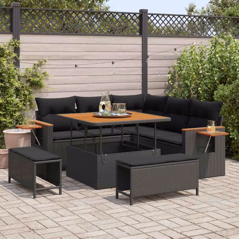 vidaXL Set Divano da Giardino a L con 9 Pezzi, Nero, Polyrattan e Acciaio con Cuscini e Tavolino