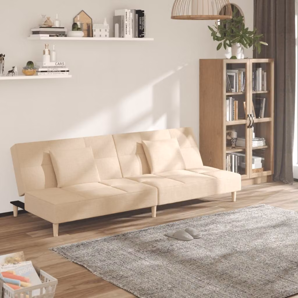 Divano letto 2 posti, con 2 cuscini, rivestito in tessuto crema, collezione Maison Exclusive