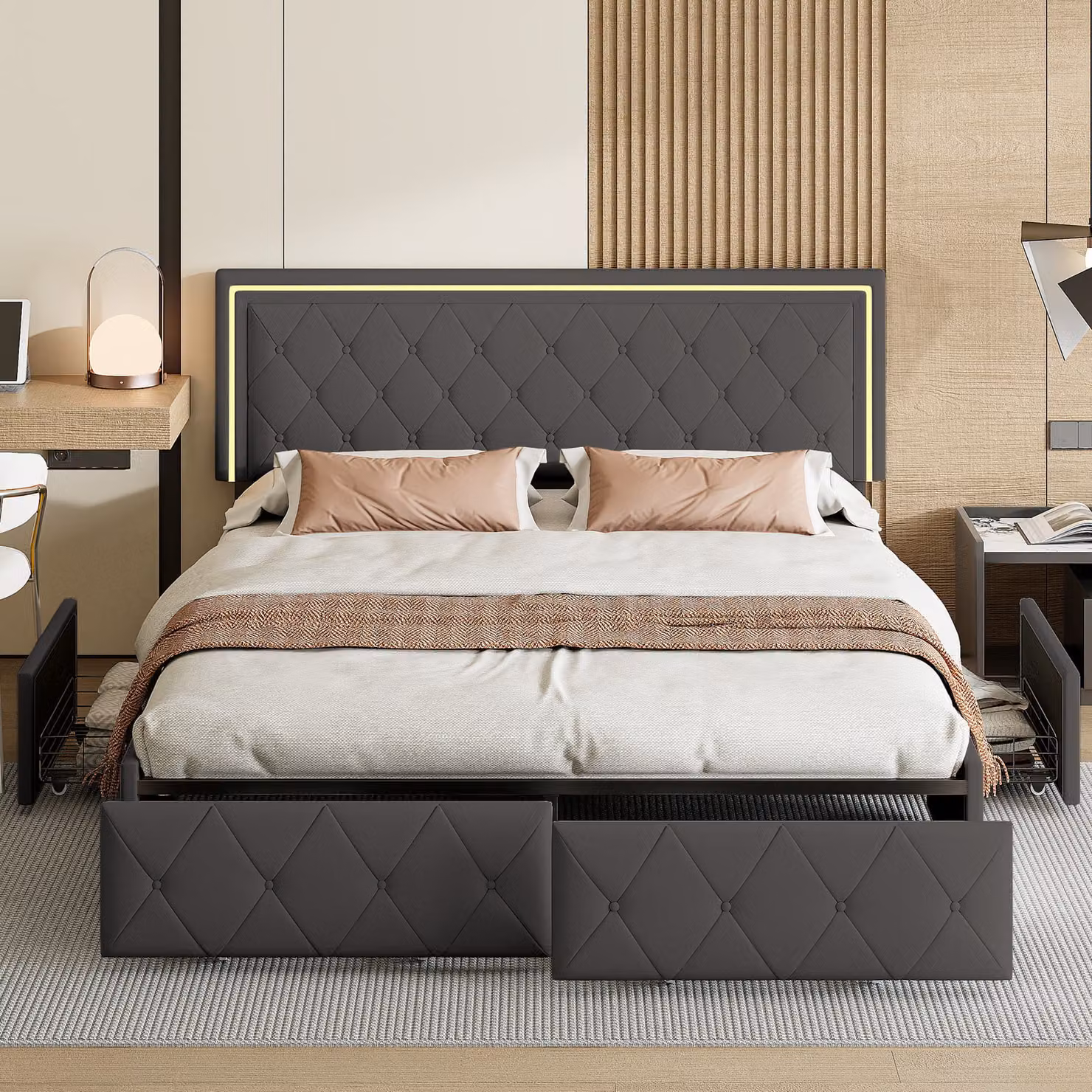 Letto matrimoniale per adulti con illuminazione LED, 4 cassetti, 140 x 200 cm, grigio PU