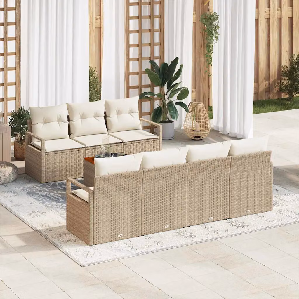Set Divano da Giardino vidaXL 8 Pezzi in Polyrattan Beige con Cuscini e Tavolino per Terrazza e Balcone