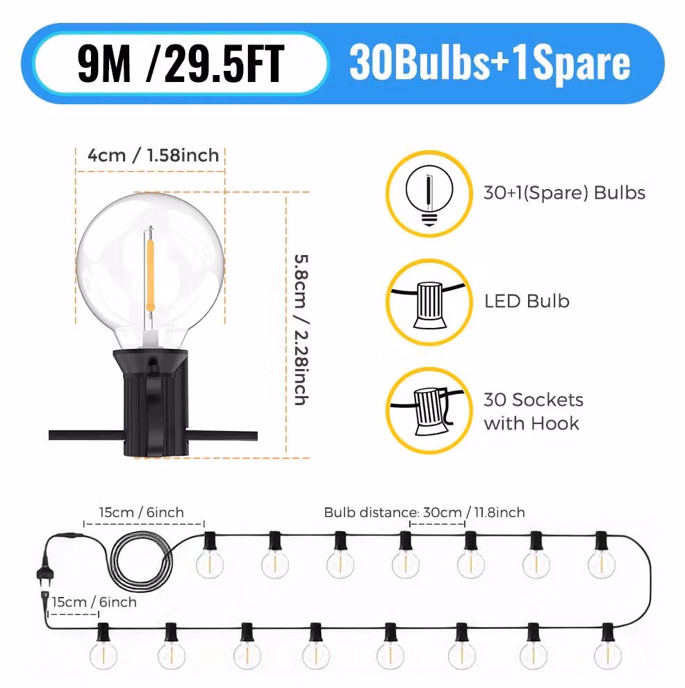 Catena luminosa a LED - Illuminazione a sfera per esterni - 9 metri - 30 lampadine LED - Grado di protezione IP44 - 220–240 V, spina EU - Adatta per giardino e terrazza