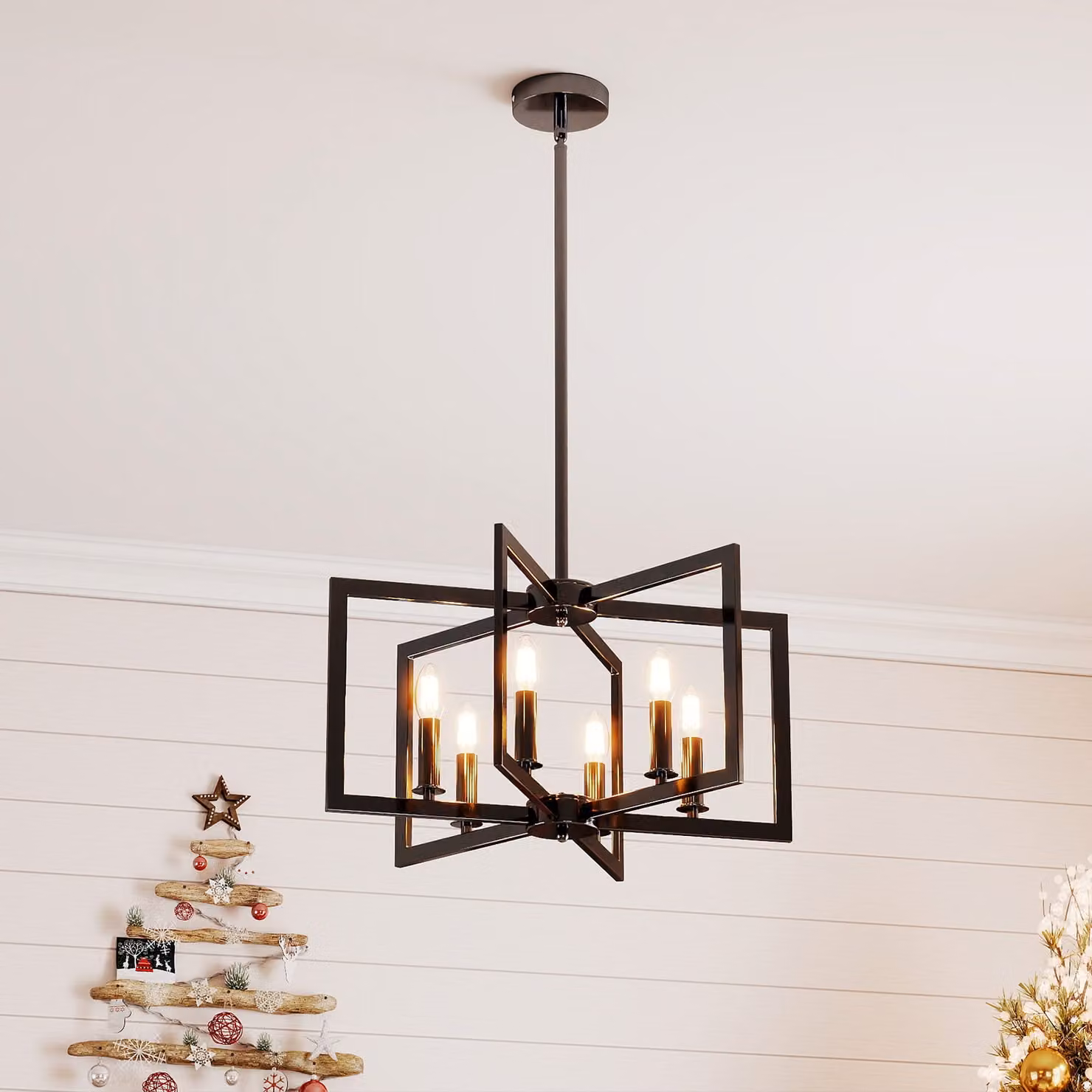 Costway Lampada a sospensione industriale con 6 luci esagonali in metallo nero, altezza regolabile per soggiorno e cucina
