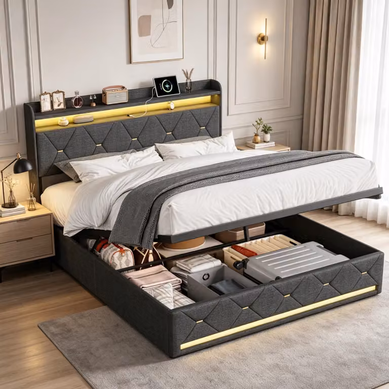 Letto imbottito INONEFT 140x200 cm, letto matrimoniale con LED e USB, letto box con sistema idraulico e spazio contenitore, letto con rete a doghe, letti per ragazzi, lino, grigio