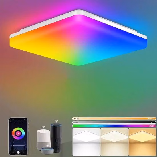 Lampada a LED RGB da soffitto multicolore, 15 W, 1500 lumen, con Wi-Fi e controllo tramite app Tuya, compatibile con Alexa e Google Assistant, IP54, design moderno quadrato in bianco