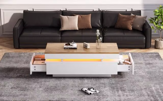 Tavolino da Salotto 100x50x35 cm con 2 Cassetti, LED ad Alta Lucentezza, Bianco e Legno